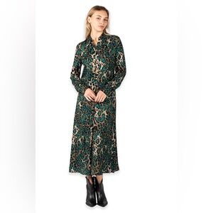 NWT Pinko Green & Brown Leopard Print Dress Long Size 38 Front Slit long sleeve